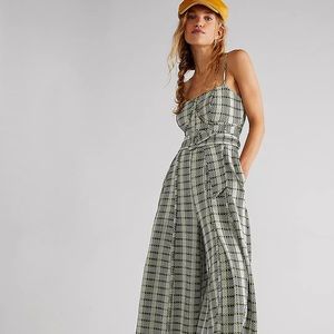 Free People Hold Me Tight Jumpsuit Indigo Combo Gingham Wide Leg XS  No Belt